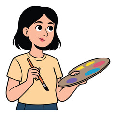 Illustration of young female artist holding paint palette and brush ready to create art