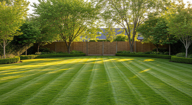 A perfectly manicured green lawn with stripes in a peaceful backyard garden, perfect for landscaping business banners and nature plans