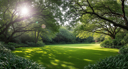 Obraz premium A scenic park landscape with lush green grass and majestic trees under sunlight, perfect for nature posters and environmental goals