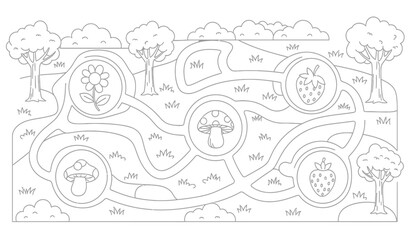 a whimsical black and white line drawing depicts a maze design with trees flowers mushrooms and fruits as visual elements high quality professional