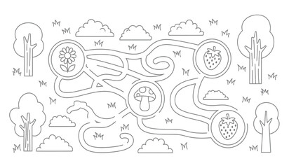 a simple black and white line drawing depicts a winding pathway through a whimsical landscape with trees flowers and fruit high quality professional