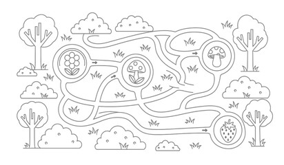 a whimsical black and white illustration depicts a winding path through a forest landscape featuring trees clouds mushrooms and berries creating a playful maze