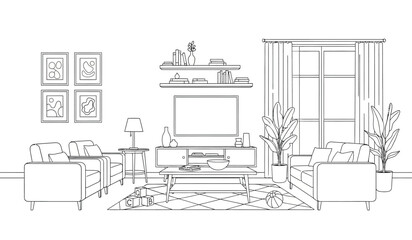 a minimalist living room illustration features a sofa armchairs a television a window and various decorative elements in a clean line art style