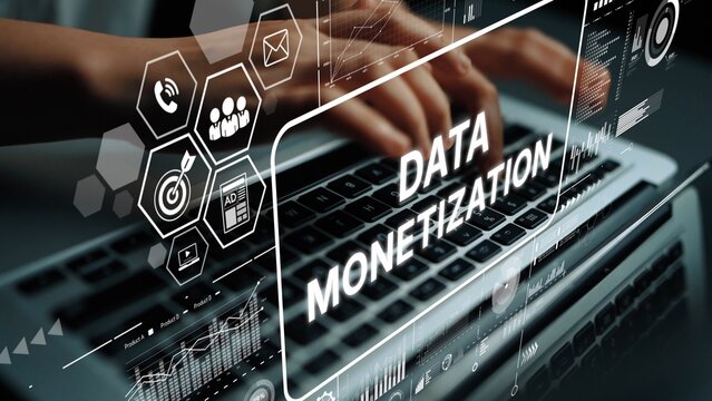 Data Monetization Concept with Laptop and Digital Interface for Business Growth and Insights. Asymptotic smart data analytic. - Powered by Adobe