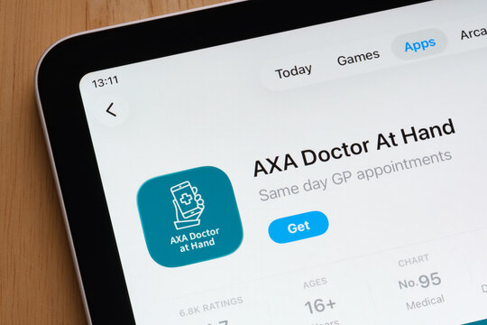 AXA Doctor At Hand popular health app highlighted on the Apple iPad App Store page. Stafford, United Kingdom, December 15, 2025