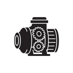 Industrial camera lens with interlocking gears in monochrome minimalist style on white background for technology illustration