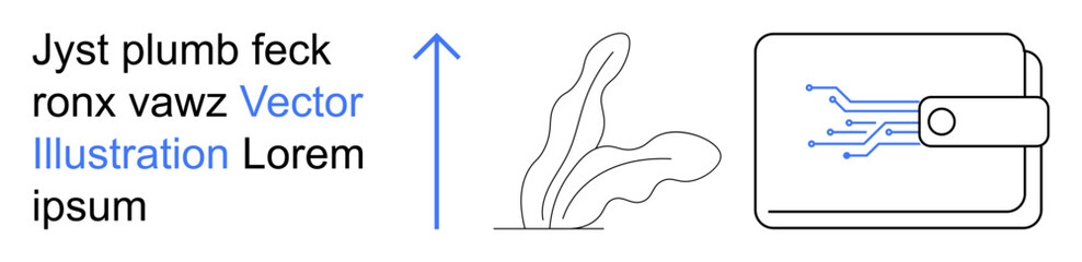 Financial technology, digital growth, sustainability, fintech, online payments, eco-friendly design. Abstract plant element, upward arrow digital wallet graphic. Digital growth and fintech concepts