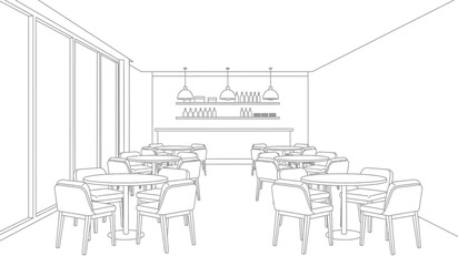 a minimalist interior rendering depicts a cafe or restaurant setting with tables chairs and a bar area with pendant lighting high quality professional
