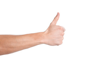 Man showing thumbs up on white background, closeup