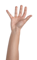 Fototapeta premium Man showing his hand on white background, closeup