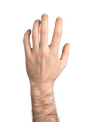 Fototapeta premium Man showing palm on white background, closeup