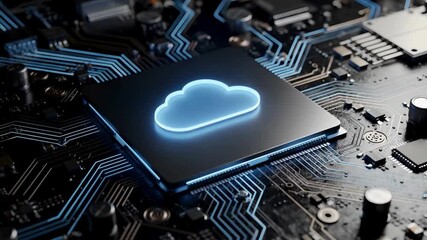 Cloud computing microchip on futuristic digital motherboard glowing circuits showing data technology, cloud storage process, cyber network processing system background animation - Powered by Adobe