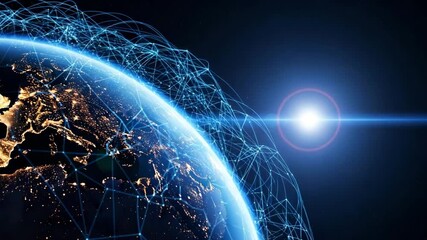 Futuristic digital network encircling a glowing earth with city lights at night motion animated video 4k. - Powered by Adobe