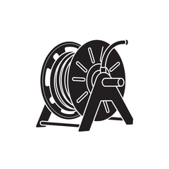 Hose Reel in Simple Line Art with Black Color on White Background for Industrial Use