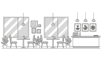 Obraz premium a simplistic black and white illustration showcases an interior view of a modern cafe with tables chairs and wall decorations high quality professional
