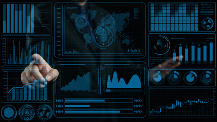 Explore a sophisticated business data analytics interface showcasing diverse graphs and charts, ideal for professionals seeking insightful analysis in a digital workspace. Cipher