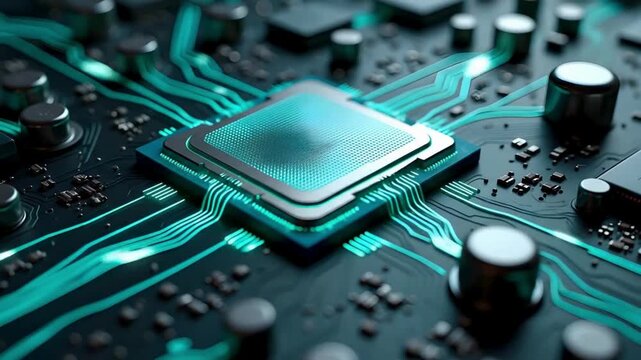 Microchip glowing futuristic processor on electronic motherboard circuit technology animation background showcasing modern cpu design and digital data transfer paths
