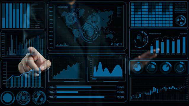 Explore a sophisticated business data analytics interface showcasing diverse graphs and charts, ideal for professionals seeking insightful analysis in a digital workspace. Cipher - Powered by Adobe