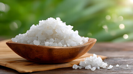 Coarse sea salt in wooden bowl with blurred green background