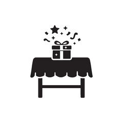 Black and white gift box on table with confetti and stars festive holiday present vector icon