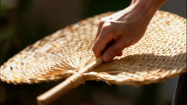 A Person's Hand Working with Natural Fan Made of Woven Natural Fiber, Close-Up
