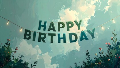 Happy Birthday" letters on string hanging in painted idyllic blue sky and foliage with string lights