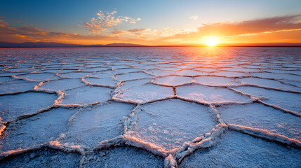Salt flat surface with hexagonal cracks at sunrise
