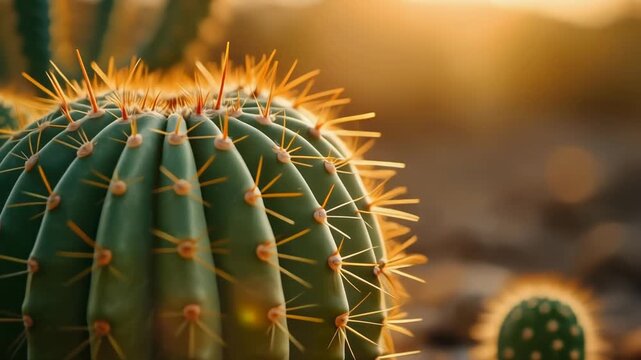 Macro detail of a vibrant green cactus with its sharp needles illuminated by golden hour light. Exotic succulent plant growing in a dry arid desert environment for a nature background