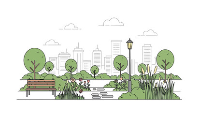 a peaceful urban park scene displays lush greenery a wooden bench distant city buildings and a single lamppost under a cloudy sky