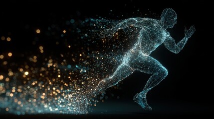 a futuristic wireframe hologram of an athlete running with a dark background and light particles and sparks surrounding the runner