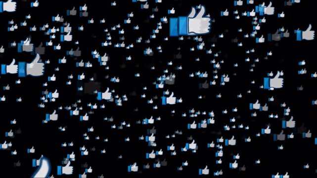 A lot of POSITIVE icons emoji flying towards the camera. I am loved, we have approval, positive feedback.. LIKES thumbs flying LOVE space On transparent background overlay matte