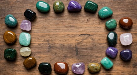 Assortment of vibrant polished gemstones arranged on a rustic wooden surface for energy alignment and holistic wellness practices, gemstone, esoteric, alternative