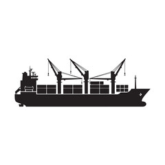 Obraz premium Container Ship Silhouette with Cranes in Simple Flat Design on White Background for Logistics Illustration