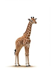 Obraz premium Charming illustrated baby giraffe standing peacefully on a bright, pure white background. Minimalist wildlife design ,cartoon ,playful ,adorable