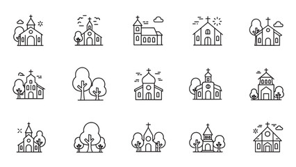 Collection of line-art icons featuring churches and trees in simplistic graphic style, set against a stark white background