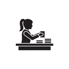 Woman scanning books in simple flat design with black silhouette on white background for education