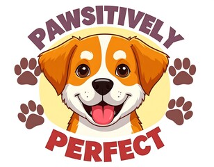 Happy cartoon dog surrounded by paw prints, with positive text, against a yellow circle and white background
