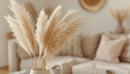 Pampas Grass Decor Detail in Neutral Living Room Interior