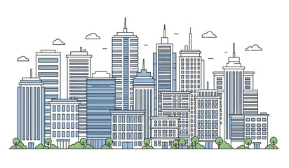 Fototapeta premium A detailed line art illustration showcases a modern cityscape featuring numerous tall buildings green trees and fluffy white clouds against a white background