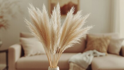 Pampas Grass Decor Detail in Neutral Living Room Interior