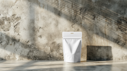 White pouch standing mockup on concrete floor against concrete wall