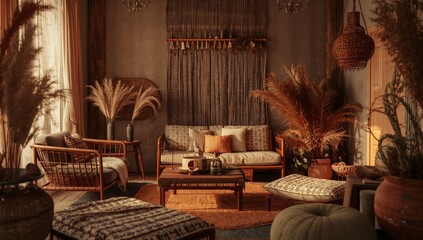 Warm Neutral Boho Living Room Interior in Earthy Tones