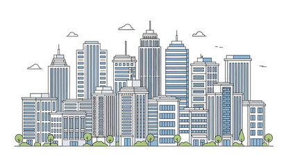Fototapeta premium A vibrant skyline illustration features a cluster of tall modern skyscrapers in varying shades of blue and gray with small clouds and trees