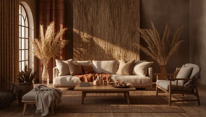 Warm Neutral Boho Living Room Interior in Earthy Tones