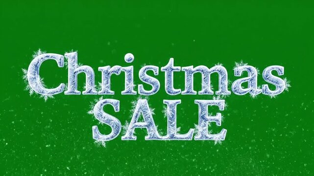 Festive Christmas sale text with icy texture on a vibrant green background