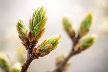 Young green buds emerge on delicate branches in gentle sunlight, symbolizing renewal, growth, and the calm freshness of the spring-summer season in nature.