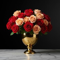 Luxurious arrangement of vibrant red and soft peach roses displayed in a reflective gold vase sitting on cool, elegant marble surface ,blush ,soft ,rose