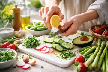 Hands slicing cucumbers and radishes while squeezing lemon over fresh greens, avocado, and herbs, creating a bright spring summer mood of healthy seasonal cooking.