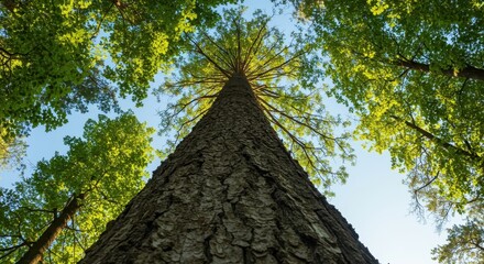 Fototapeta premium Majestic view looking up the massive trunk of a towering tree, lush green foliage against a bright clear blue sky background ,massive, branch, leaves