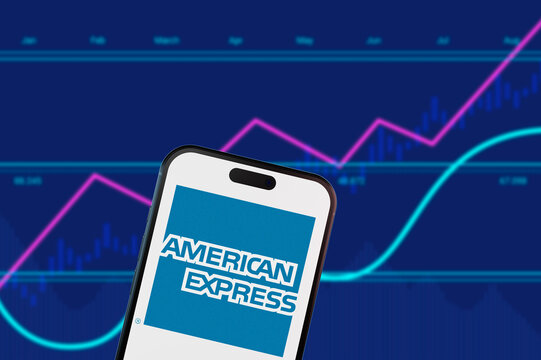 Perrysburgh,Ohio,USA-January 12 2025: American Express logo on a smartphone screen. Symbolizes credit services, premium finance, and financial market performance